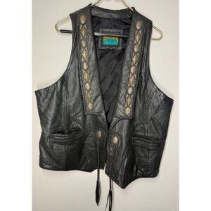 90s Rare Vintage Pioneer Wear Cow Leather Vest  Size 44 Western Biker Style Conc